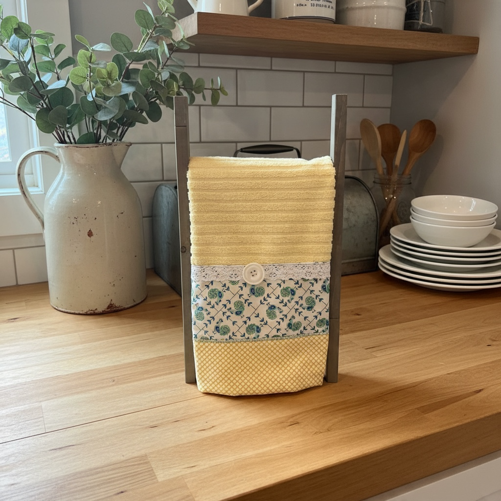 Yellow Tea Towel - Chickens and Lace