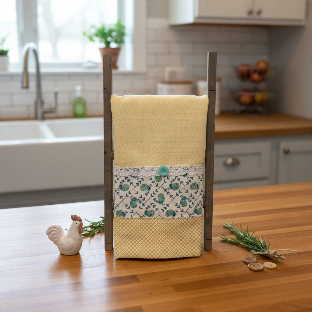 Yellow Tea Towel - Chickens with Cotton Lace Trim