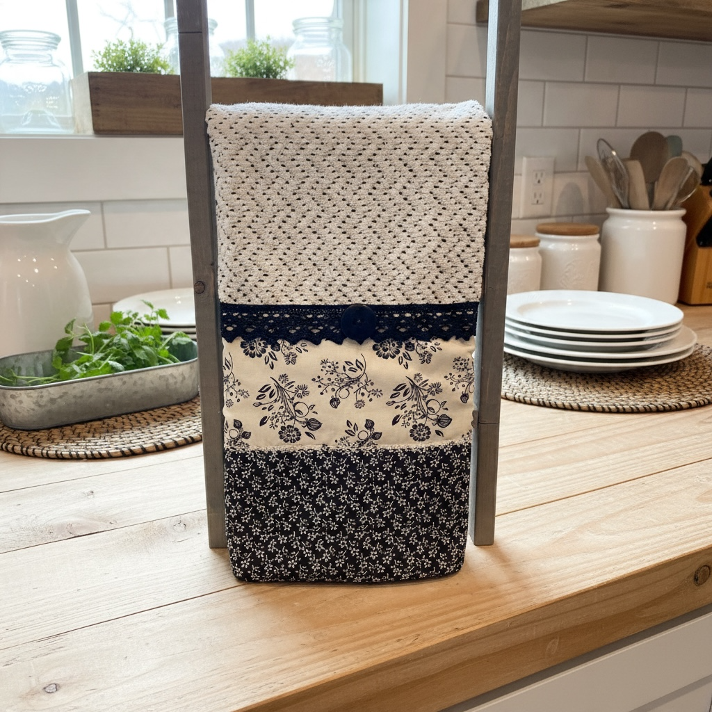 Floral Black Cotton Dish Towel, Handmade With Cotton Lace Trim