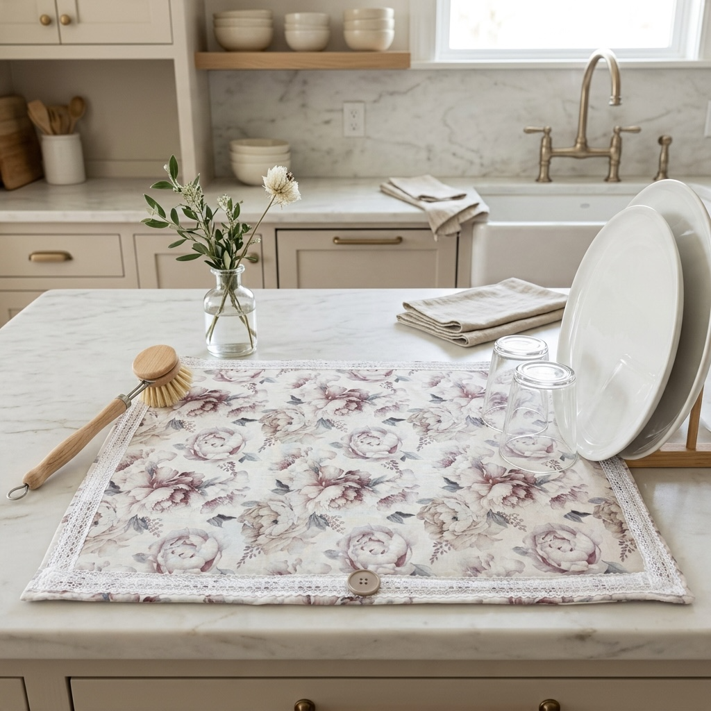 Dish Drying Mat for Kitchen ~ Subtle Mauve Peonies