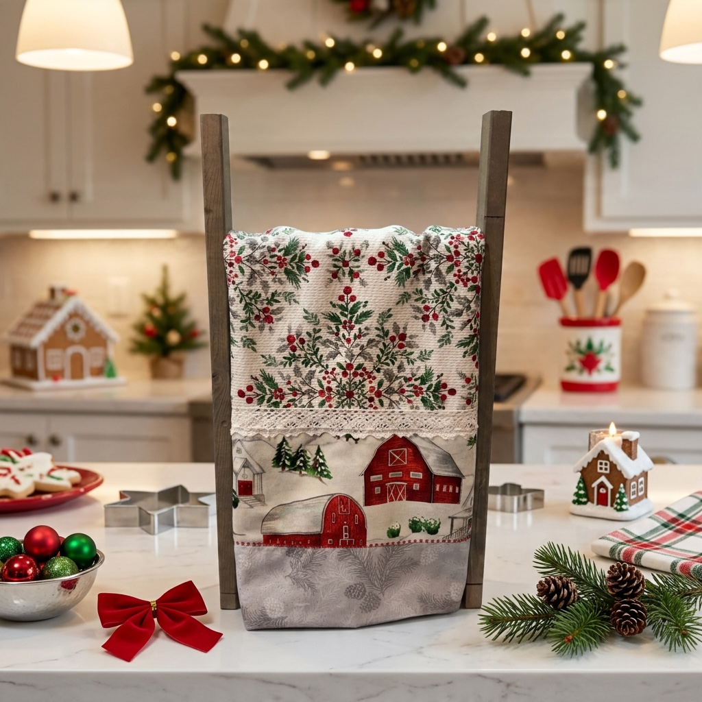 Country Christmas Red Barn Tea Towel