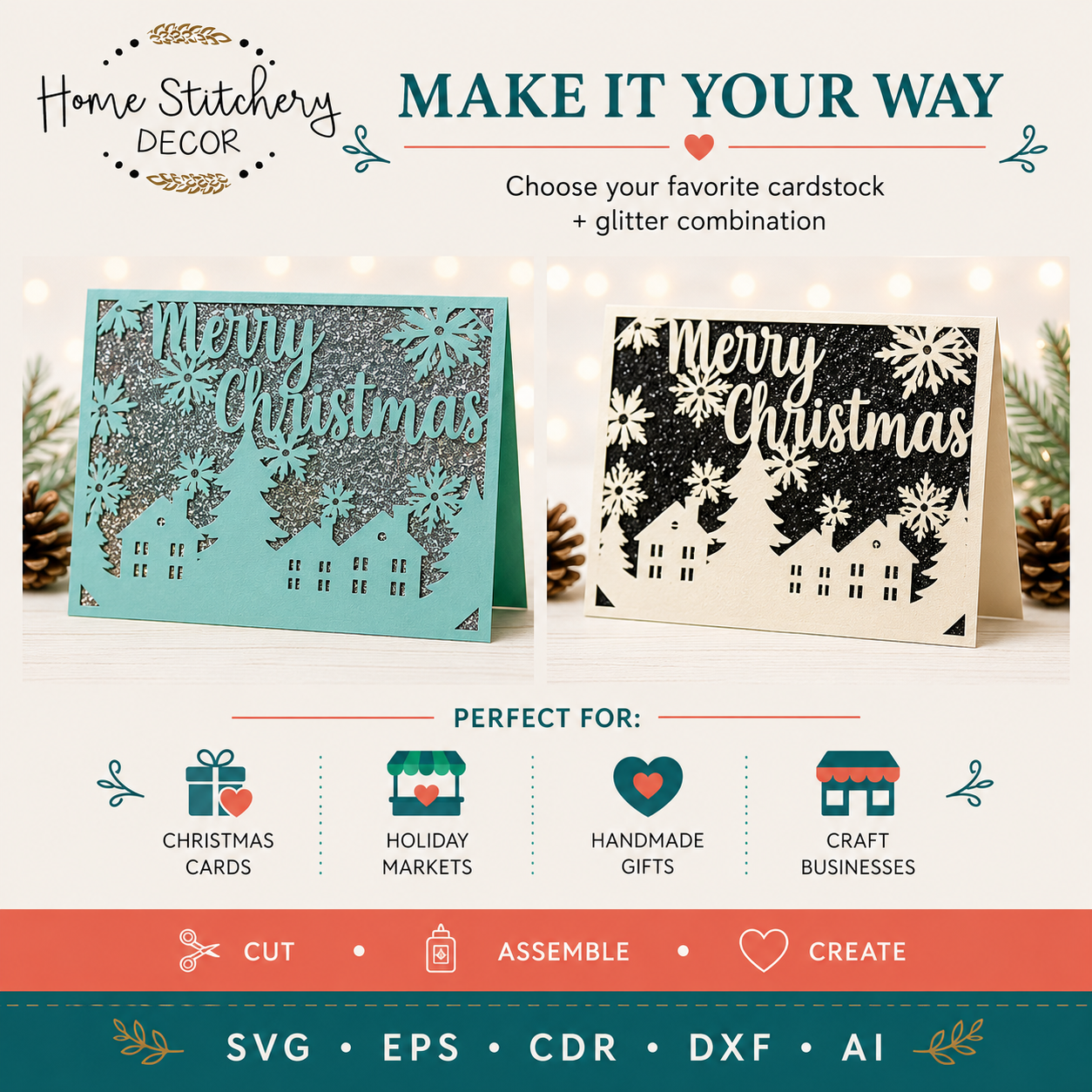 Christmas Village Card SVG | Merry Christmas Snowflake Digital Card Design | Cricut, Silhouette, EPS, CDR, DXF & AI
