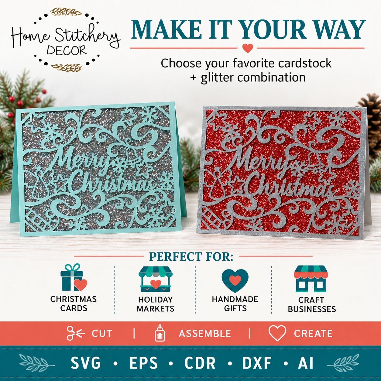 Merry Christmas Snowflake Card SVG | Elegant Christmas Digital Card Design | Cricut, Silhouette, EPS, CDR, DXF & AI