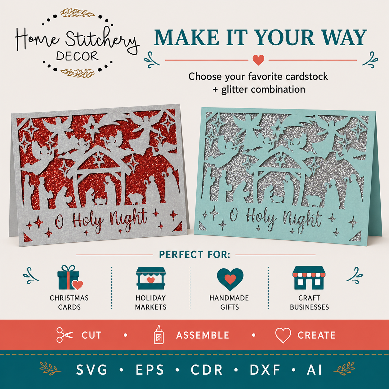 O Holy Night Nativity Christmas Card SVG | Religious Christmas Digital Card Design | Cricut, Silhouette, EPS, CDR, DXF & AI