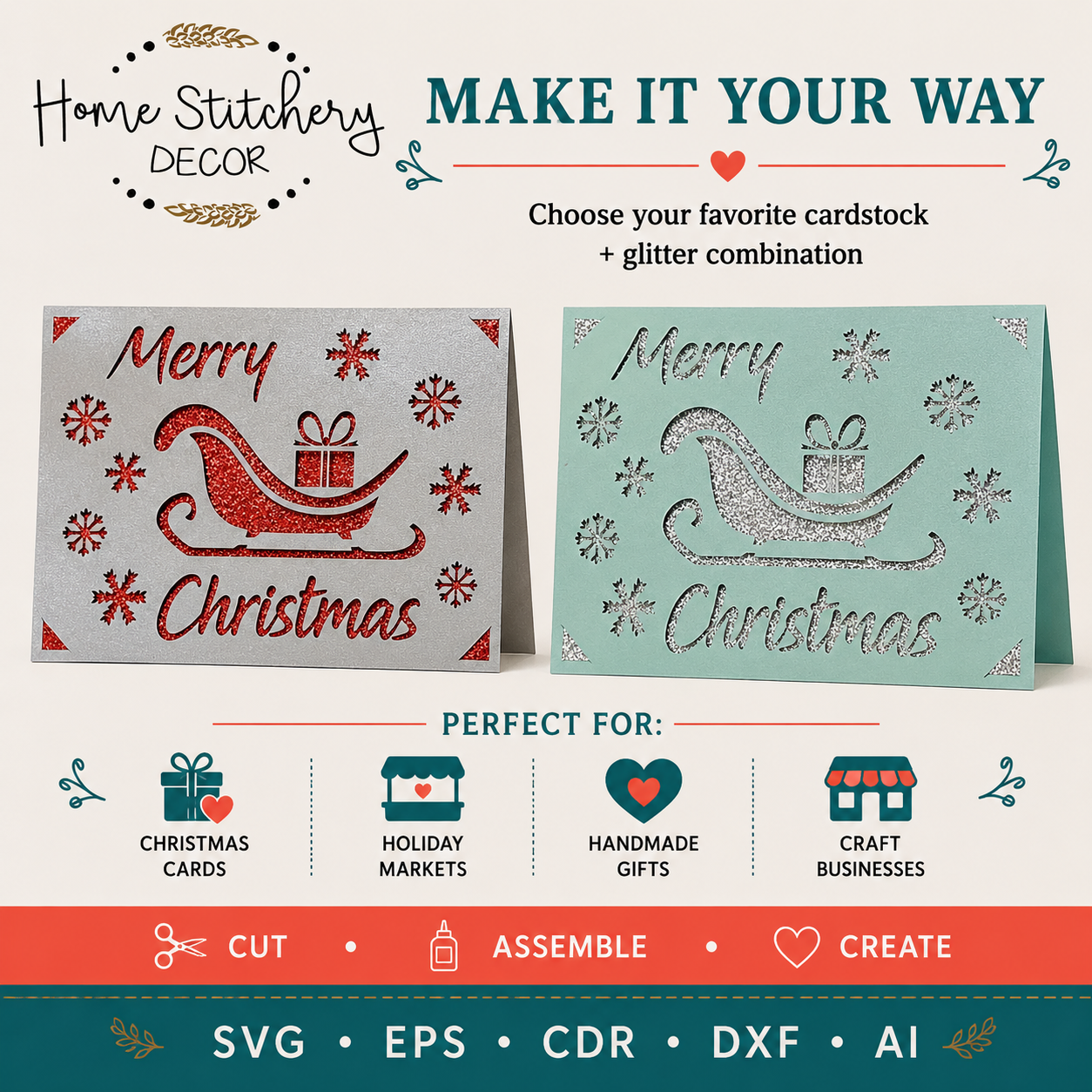 Christmas Sleigh Card SVG | Merry Christmas Digital Card Design | Cricut, Silhouette, EPS, CDR, DXF & AI