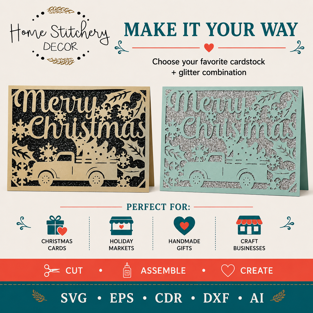 Christmas Truck Card SVG | Merry Christmas Vintage Truck Digital Card Design | Cricut, Silhouette, EPS, CDR, DXF & AI