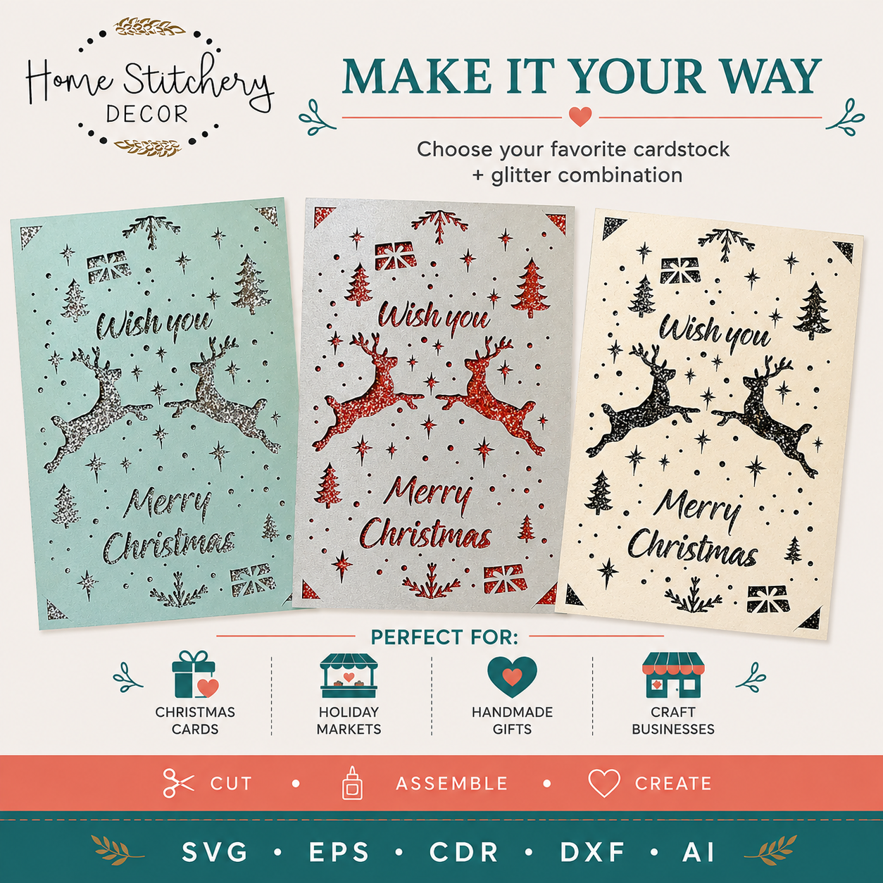Reindeer Merry Christmas Card SVG | Wish You a Merry Christmas Digital Card Design | Cricut, Silhouette, EPS, CDR, DXF & AI