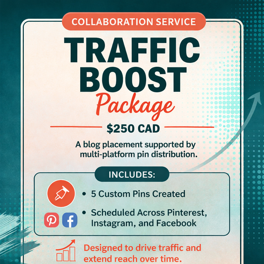 Traffic Boost Package graphic showing collaboration service priced at $250 CAD. Includes five custom pins and scheduling across Pinterest, Instagram, and Facebook. Designed to drive traffic and extend reach over time through multi-platform distribution.