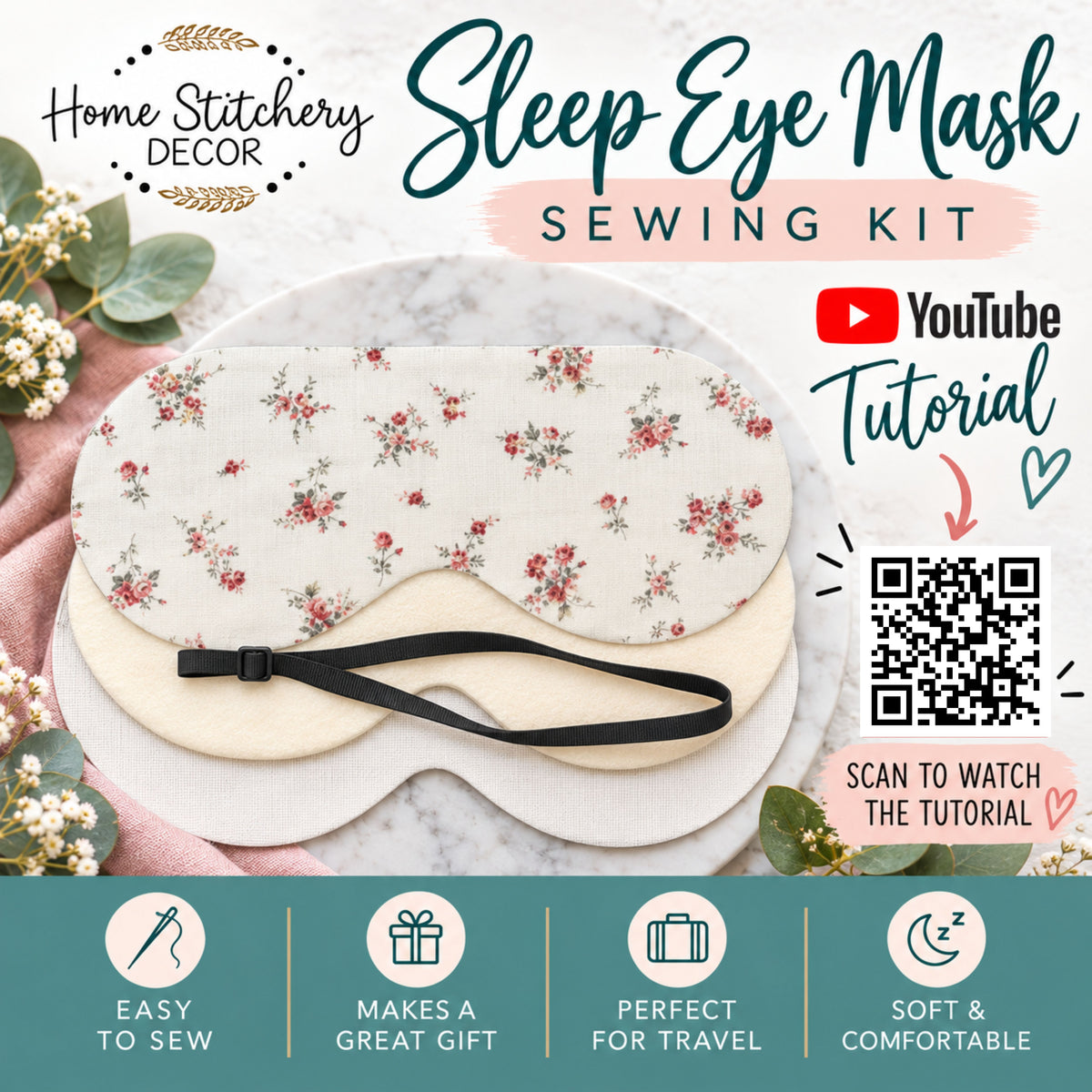 DIY Sleep Eye Mask Sewing Kit | Cotton Sleep Mask Craft Kit | Pretty Little Flowers