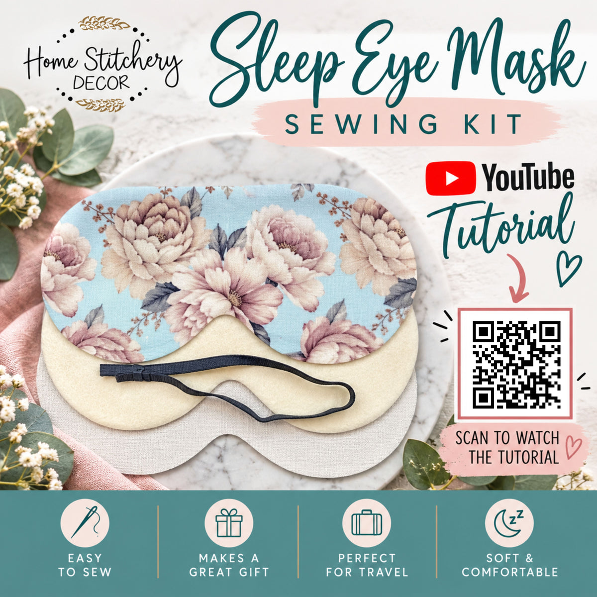 DIY Sleep Eye Mask Sewing Kit | Cotton Sleep Mask Craft Kit | Peony Pattern