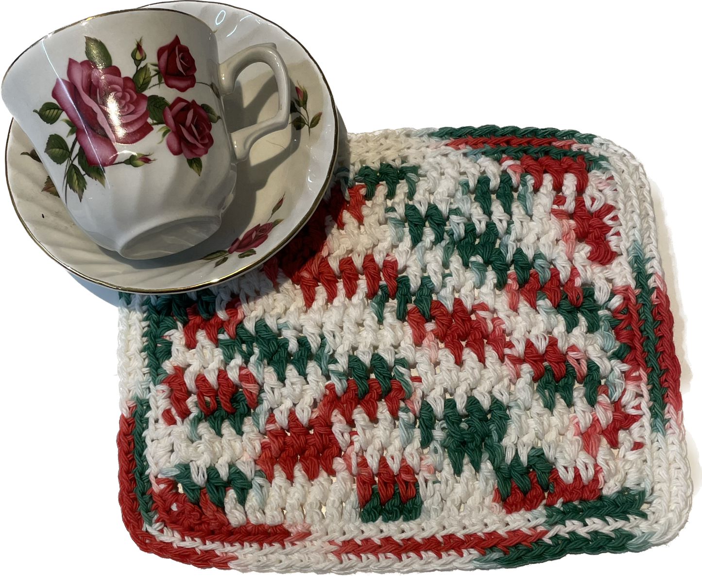 Handmade Christmas Crocheted Cotton Dish Cloth - Red, White and Green