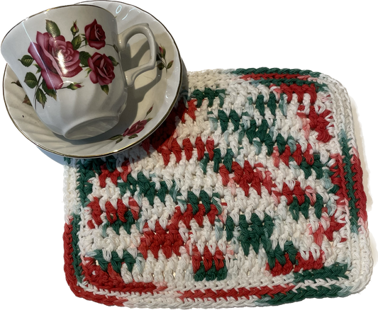 Handmade Christmas Crocheted Cotton Dish Cloth - Red, White and Green