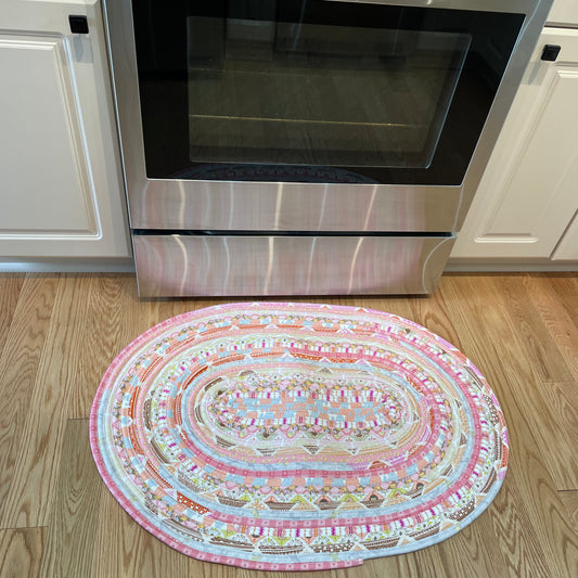 Handmade washable pink cotton Jelly Roll Rug for Kitchen, bedside or bathroom. Made in Canada