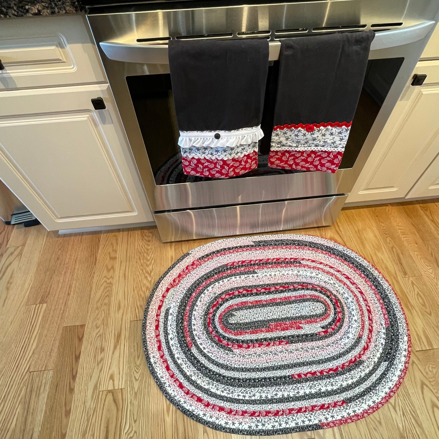Vintage Red, White & Black Washable Cotton Farmhouse Kitchen JellyRoll Rug - Handmade in Canada