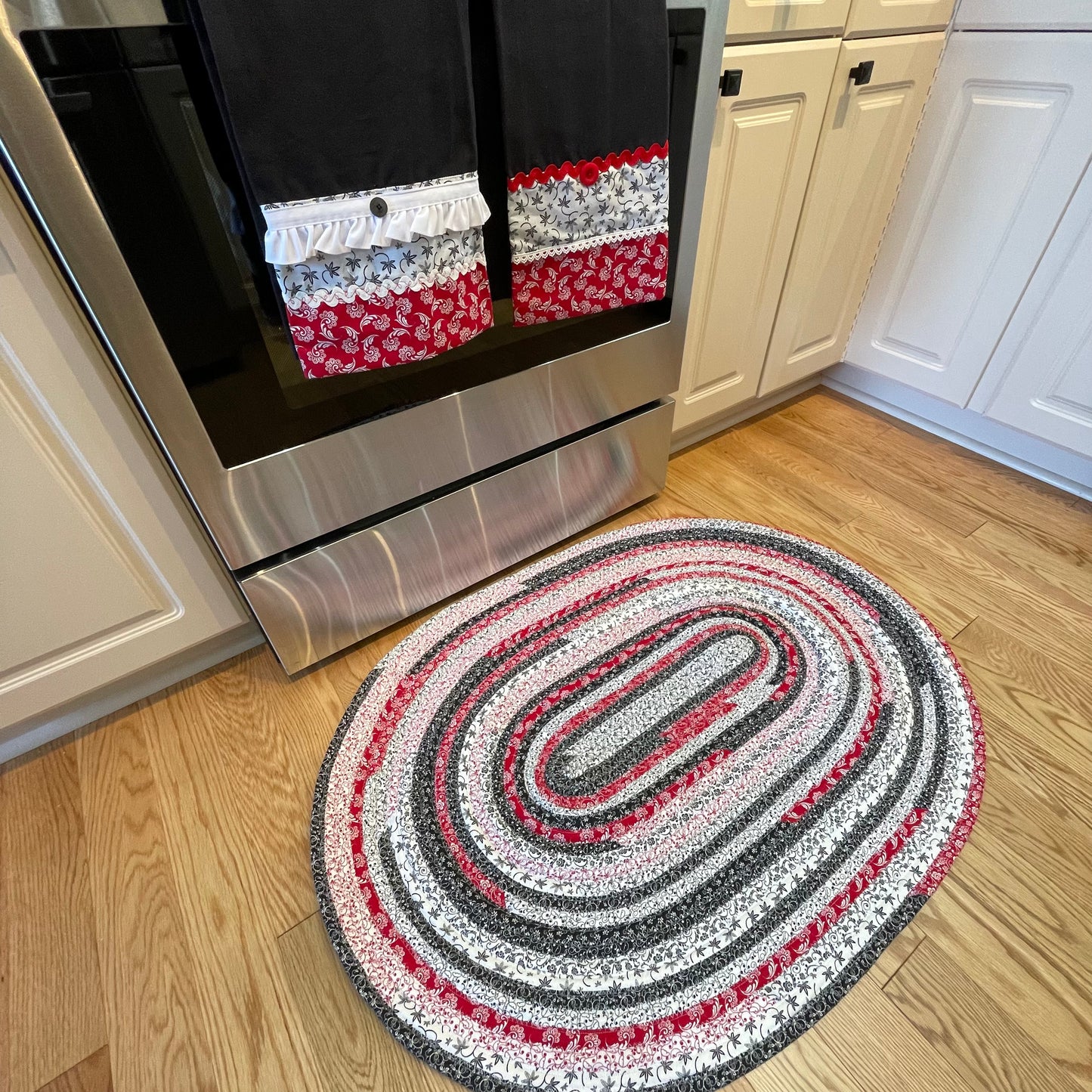 Vintage Red, White & Black Washable Cotton Farmhouse Kitchen JellyRoll Rug - Handmade in Canada