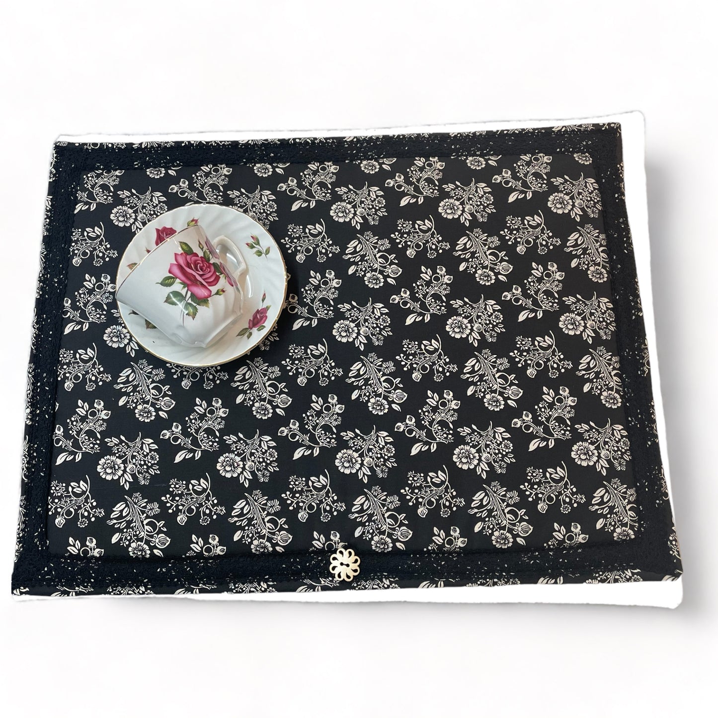 Handmade Cream and Black Vintage Floral Print Dish Mat with Lace Trim - Farmhouse Chic