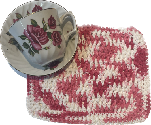 Handmade Pink and White Crocheted Cotton Dish Cloth - Yarnspirations Yarn Crafted, Made in Canada
