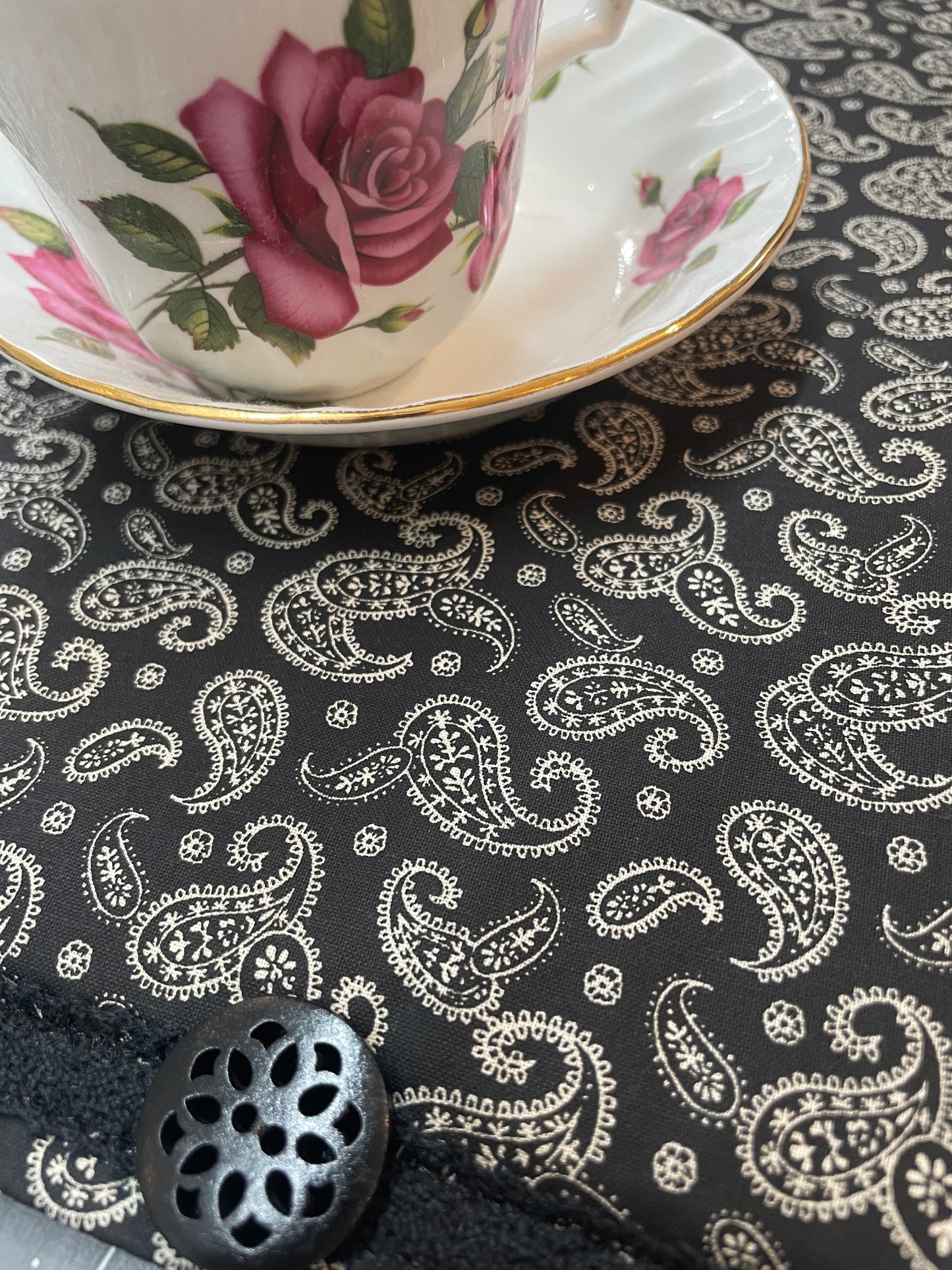 Handmade Modern Farmhouse Kitchen Dish Drying Mat - Black and Cream Paisley Print with Lace Trim