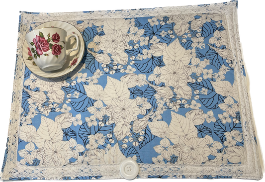 Handmade Pretty Blue Floral Dish Drying Mat with White Cotton Lace Trim and White Accent Button