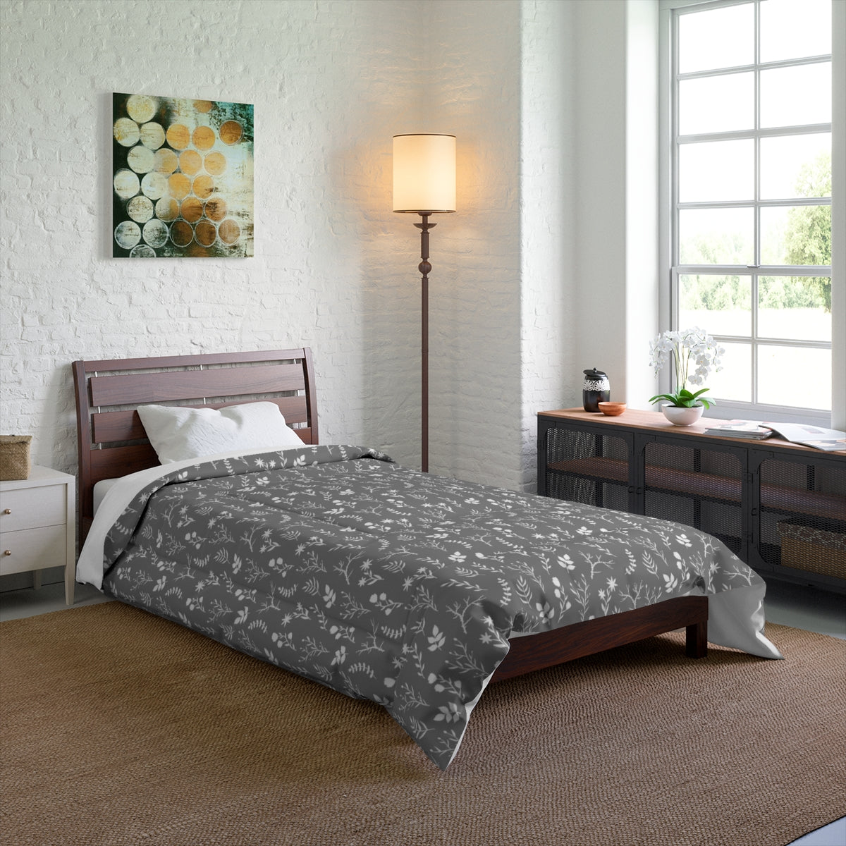 Modern floral print comforter, designed exclusively by Home Stitchery Decor. Part of a mix and match collection of modern farmhouse home decor. 10 color options to choose from. Redecorate the easy way with casual farmhouse elegant designs. Be sure to check out the Home Stitchery Decor YouTube Channel.