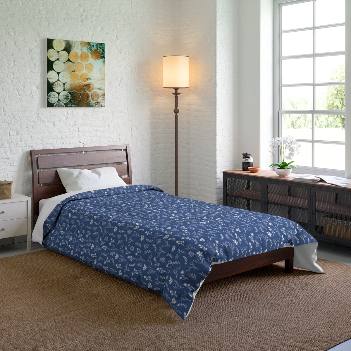 Modern floral print comforter, designed exclusively by Home Stitchery Decor. Part of a mix and match collection of modern farmhouse home decor. 10 color options to choose from. Redecorate the easy way with casual farmhouse elegant designs.