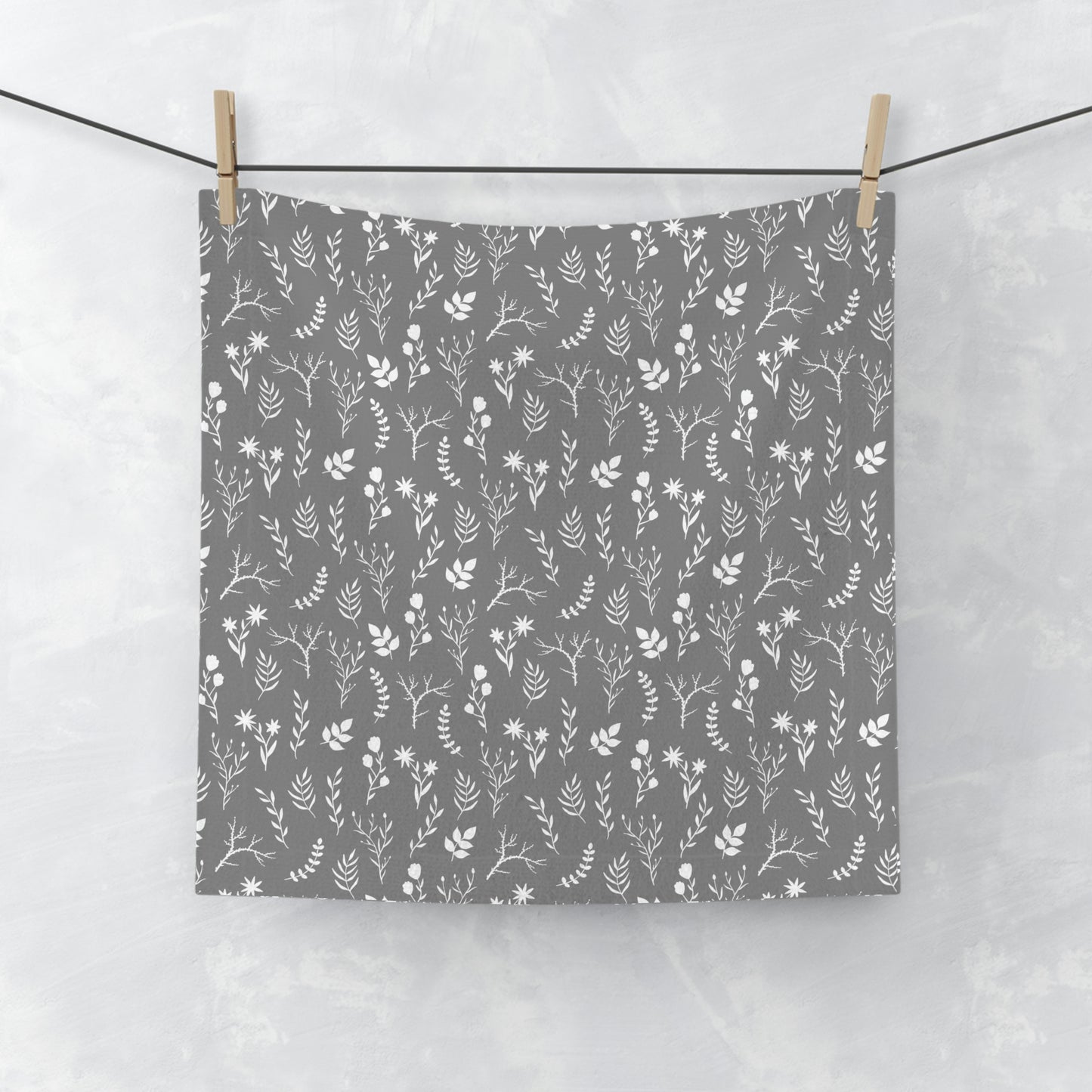Grey and White Floral Print Face Towel