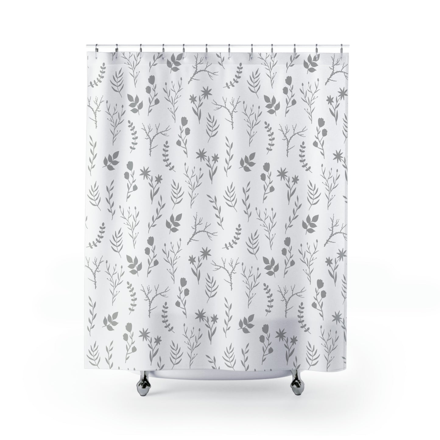 Grey and White Floral Print Shower Curtain  | Modern Bathroom Floral Print Shower Curtain | Washable Shower Curtain