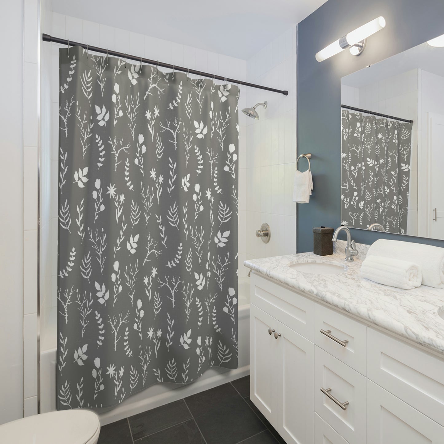 Grey Floral Shower Curtain | Grey and White Shower Curtain