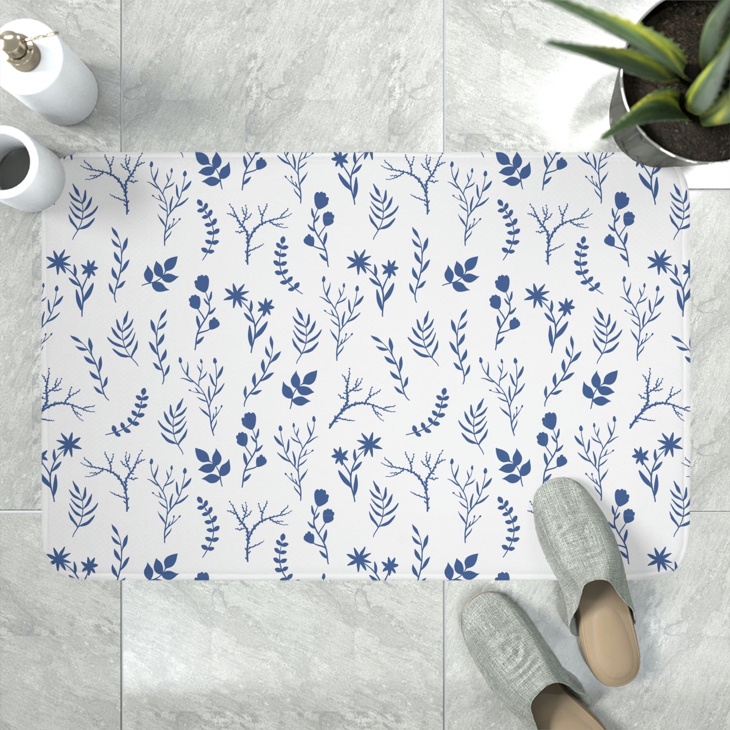 Indigo Blue and White Floral Print Bathmat | Indigo Blue Anti-slip Bathmat