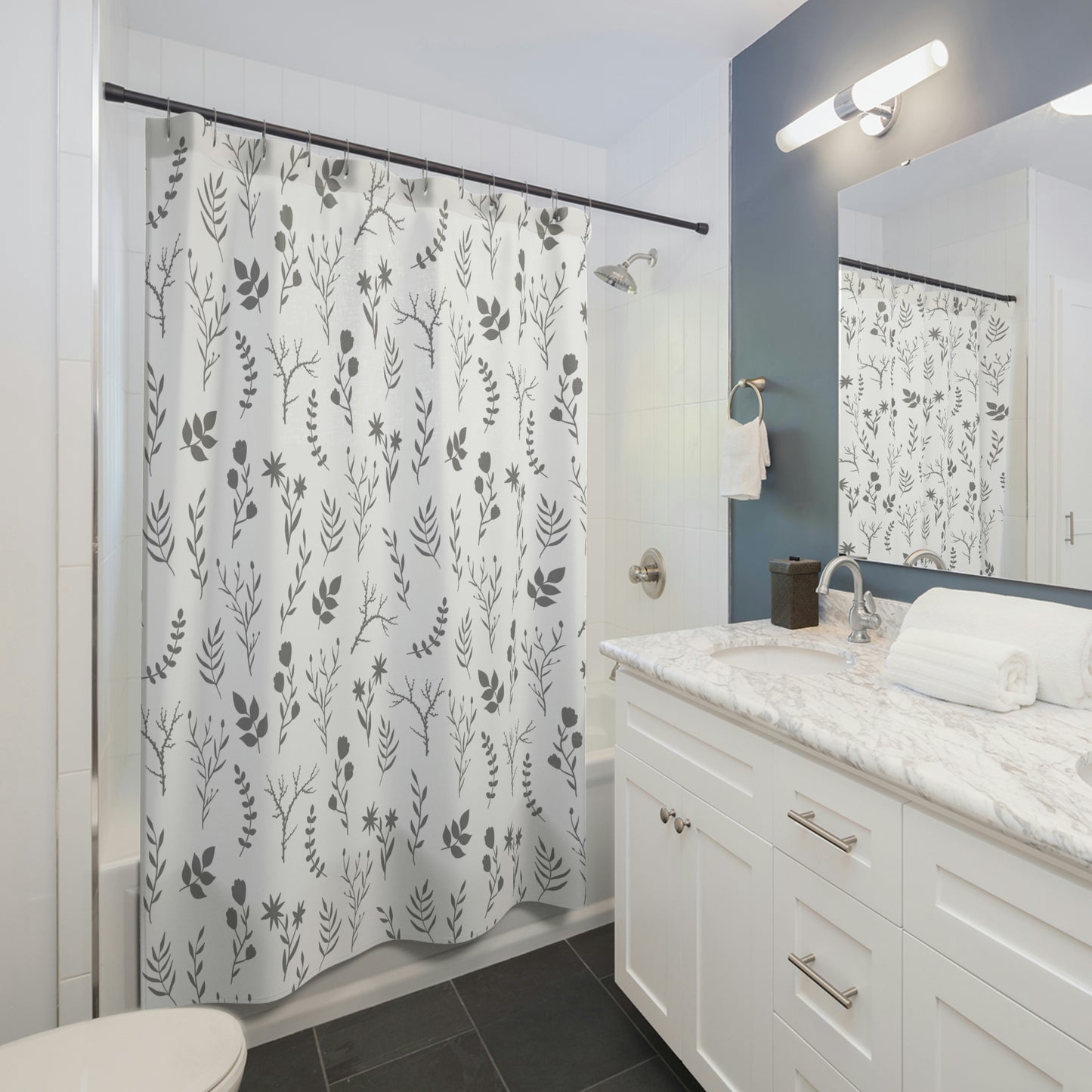Grey and White Floral Shower Curtains | Modern Grey Floral Bathroom Shower Curtain | Easy Clean Shower Curtain