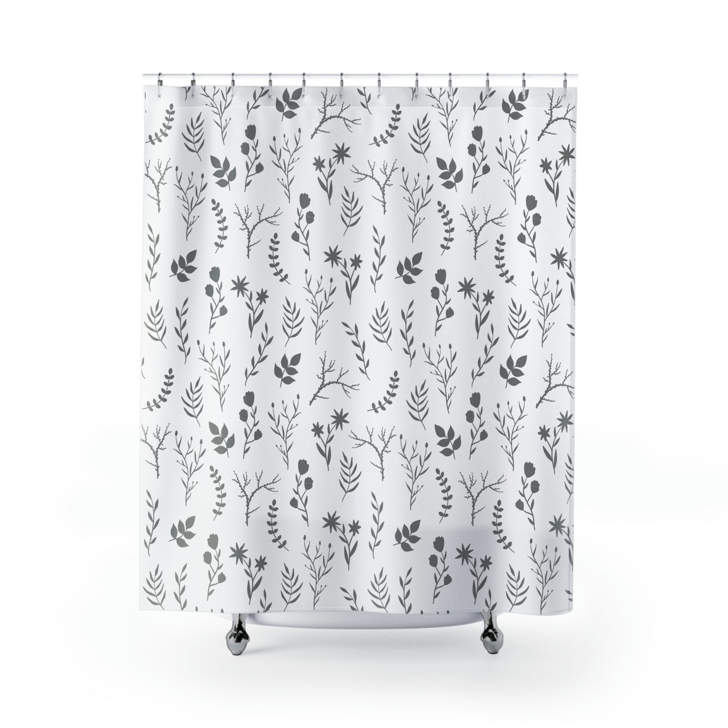 Grey and White Floral Shower Curtains | Modern Grey Floral Bathroom Shower Curtain | Easy Clean Shower Curtain