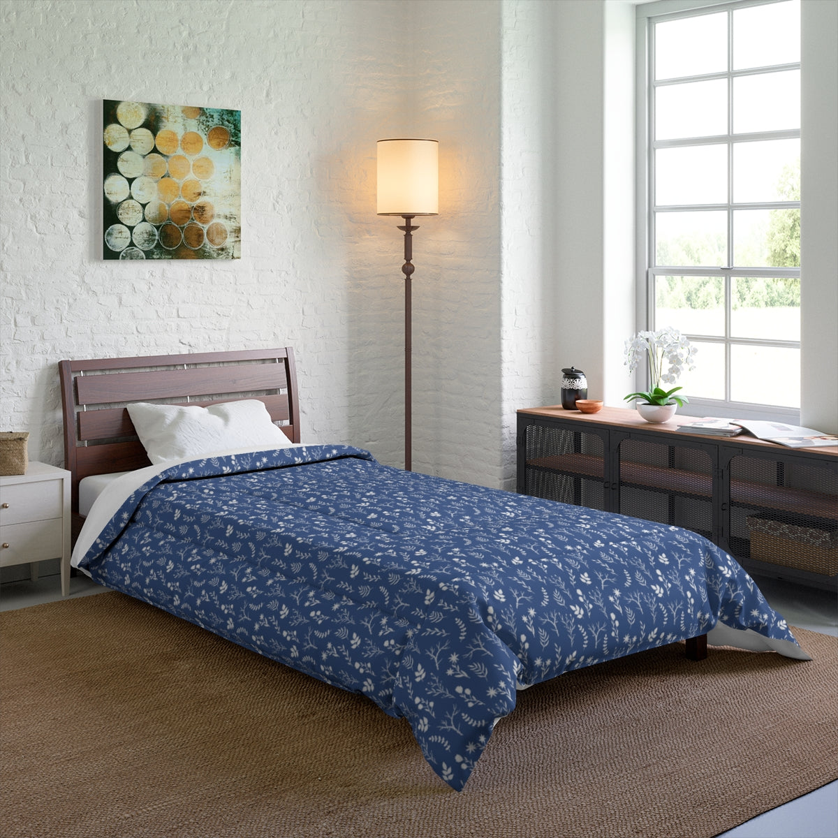 Modern floral print comforter, designed exclusively by Home Stitchery Decor. Part of a mix and match collection of modern farmhouse home decor. 10 color options to choose from. Redecorate the easy way with casual farmhouse elegant designs.