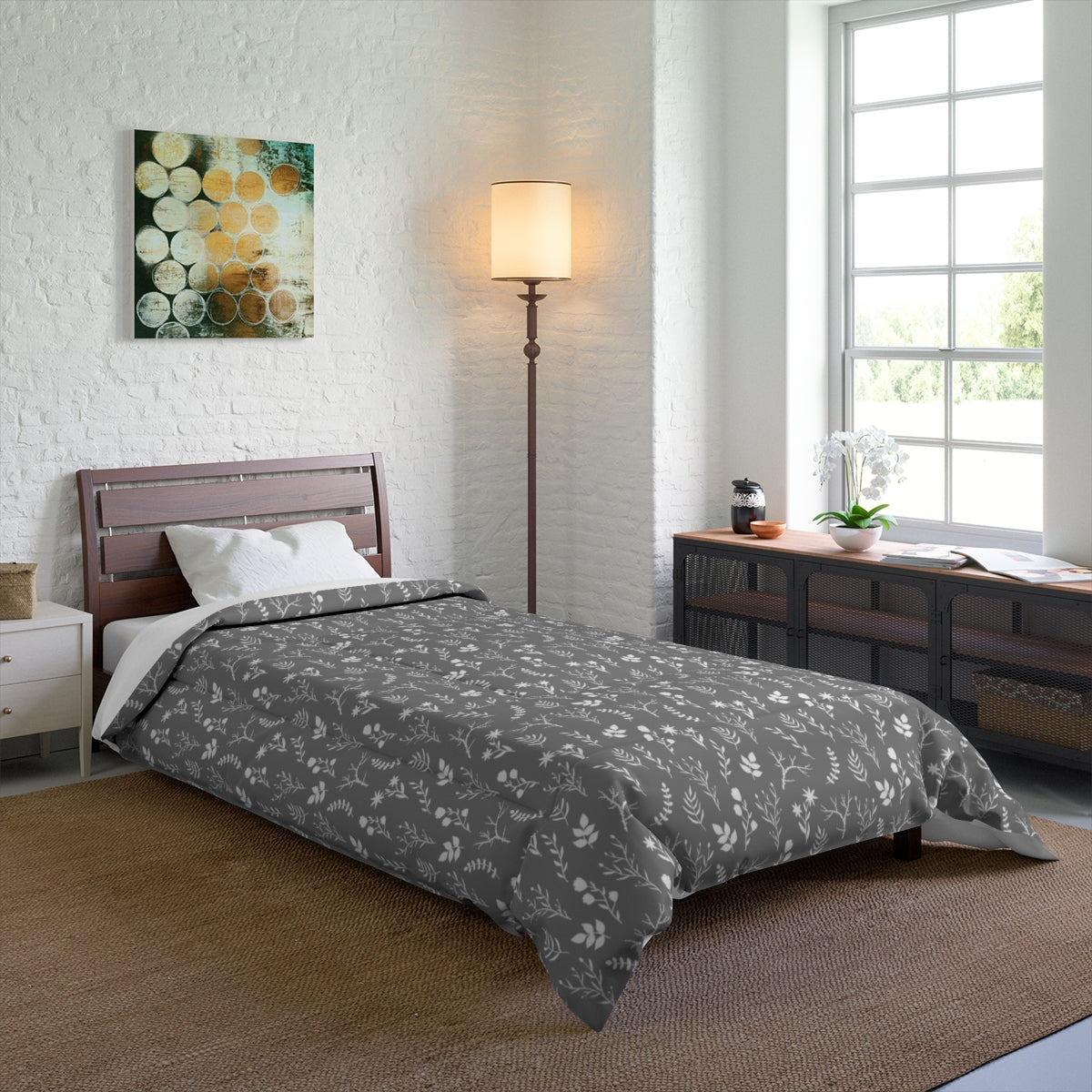 Modern floral print comforter, designed exclusively by Home Stitchery Decor. Part of a mix and match collection of modern farmhouse home decor. 10 color options to choose from. Redecorate the easy way with casual farmhouse elegant designs. Be sure to check out the Home Stitchery Decor YouTube Channel.