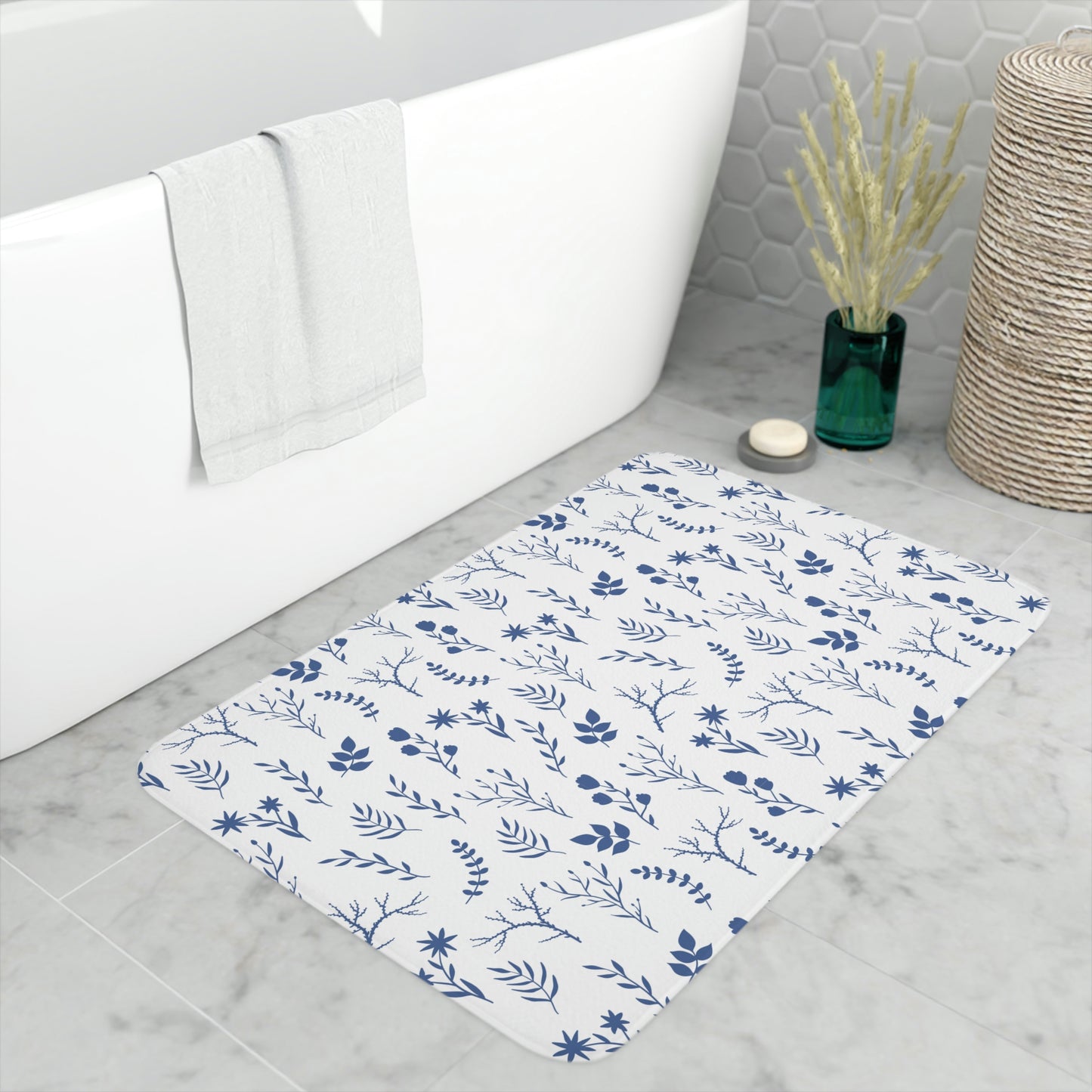 Indigo Blue and White Floral Print Bathmat | Indigo Blue Anti-slip Bathmat