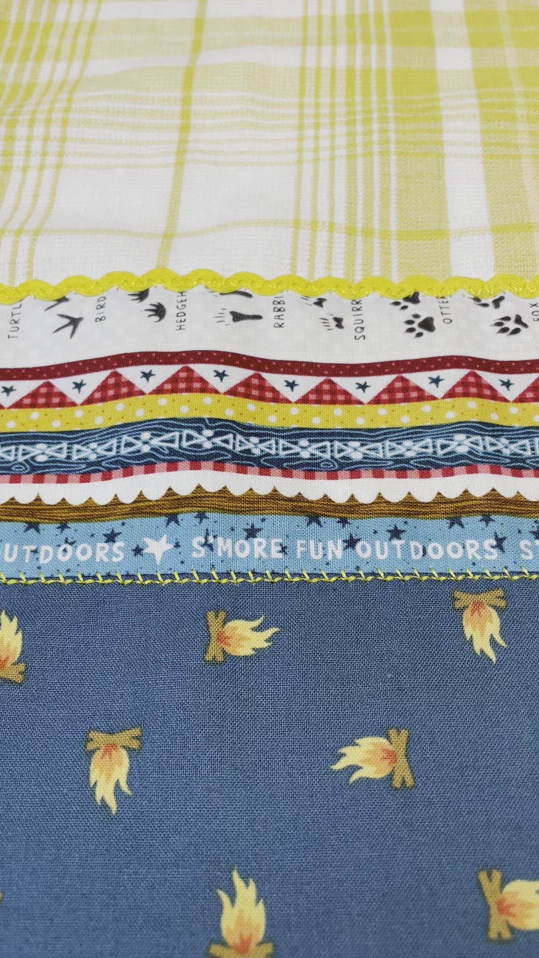 Yellow and Teal Glamping Tea Towel. Cute camping themed mix and match decor. Shop the entire collection and follow along on the Home Stitchery Decor YouTube Channel.