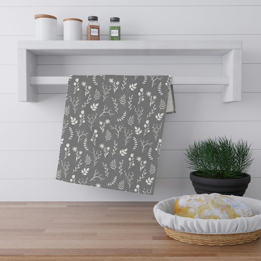 White and Grey Floral Kitchen Dish Towel | Farmhouse Tea Towel