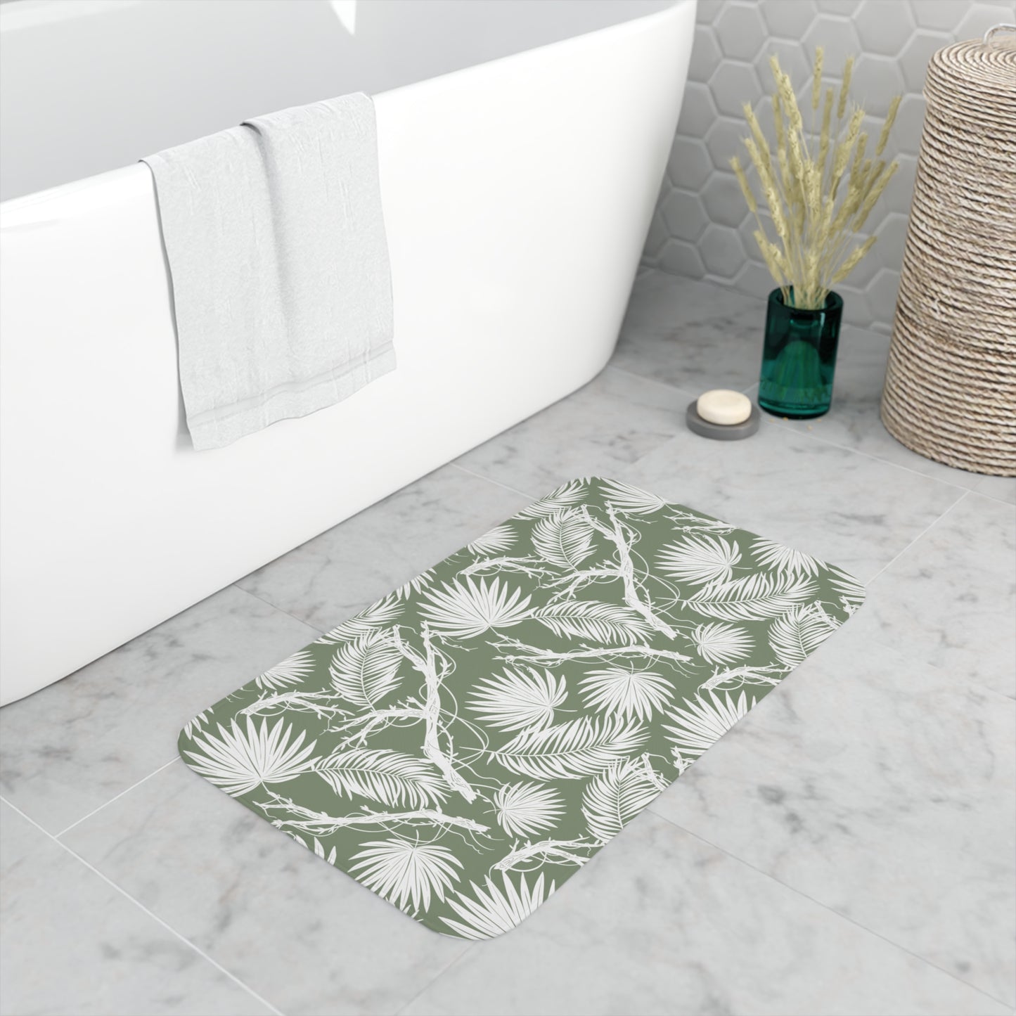 Bath Mat Green and White Memory Foam Tropical Anti-slip Mat For Shower Stall or Vanity Rug