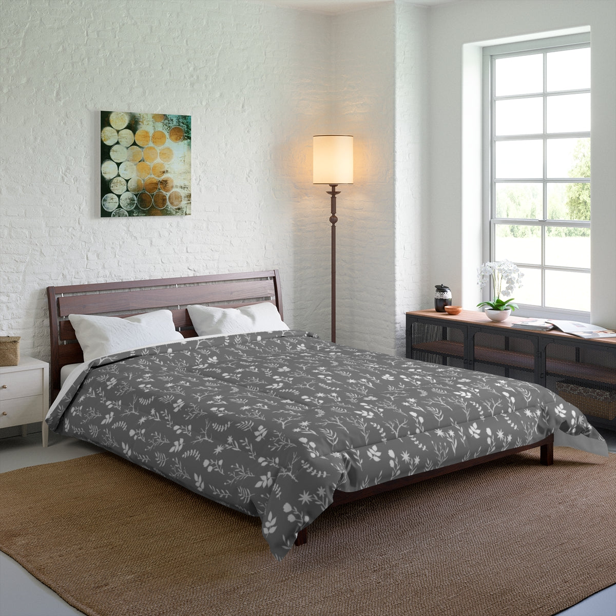 Modern floral print comforter, designed exclusively by Home Stitchery Decor. Part of a mix and match collection of modern farmhouse home decor. 10 color options to choose from. Redecorate the easy way with casual farmhouse elegant designs. Be sure to check out the Home Stitchery Decor YouTube Channel.