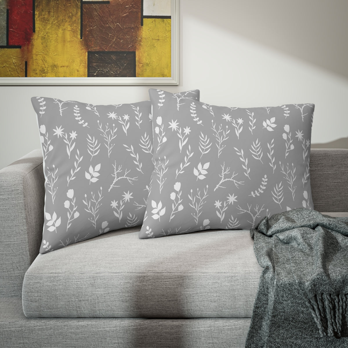 1 Grey and White Floral Print Pillowcase | Modern Grey Floral Pillowcae - Home Stitchery Decor