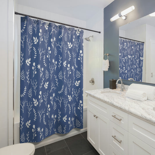 Indigo Blue and White Floral Print Shower Curtain | Modern Floral Shower Curtain