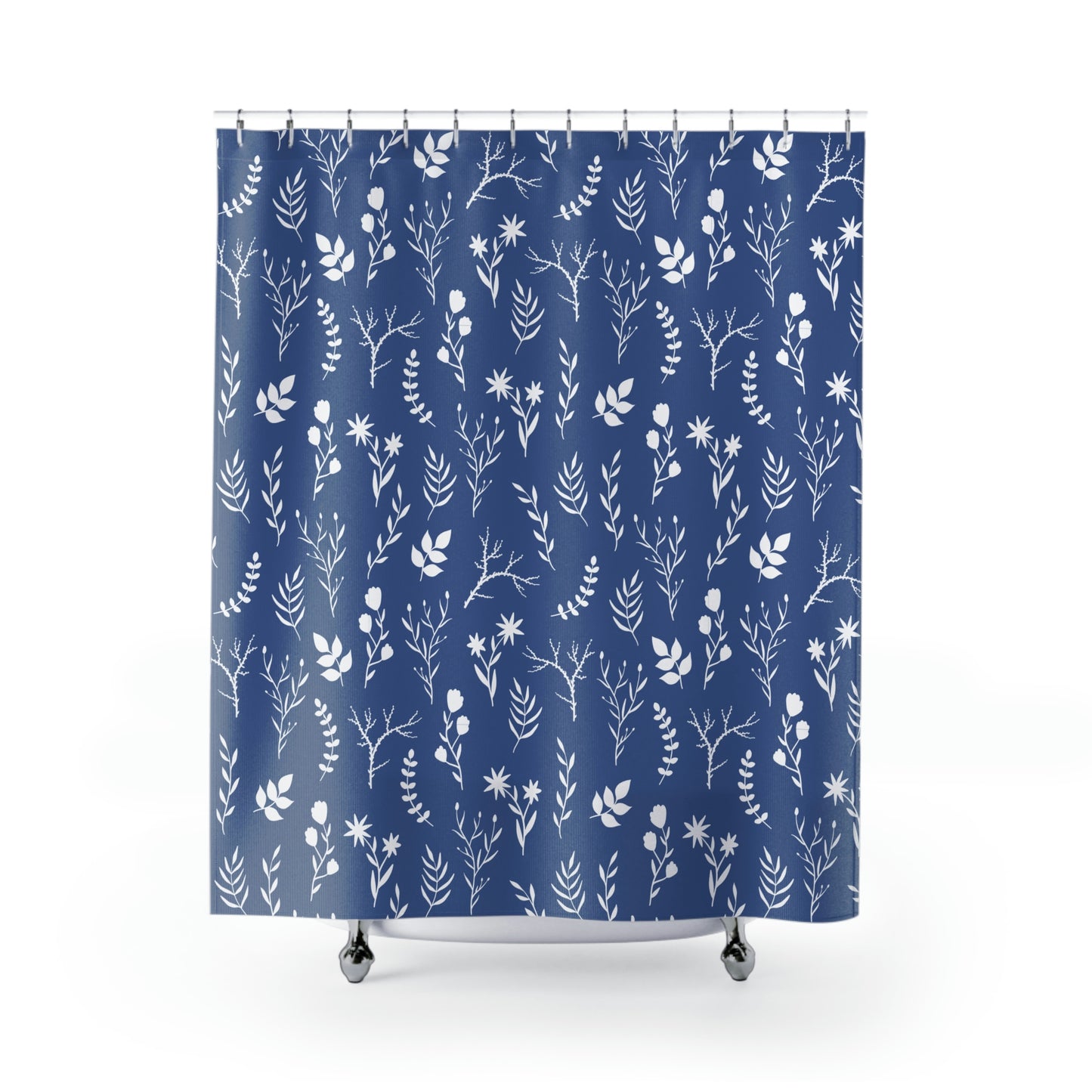 Indigo Blue and White Floral Print Shower Curtain | Modern Floral Shower Curtain