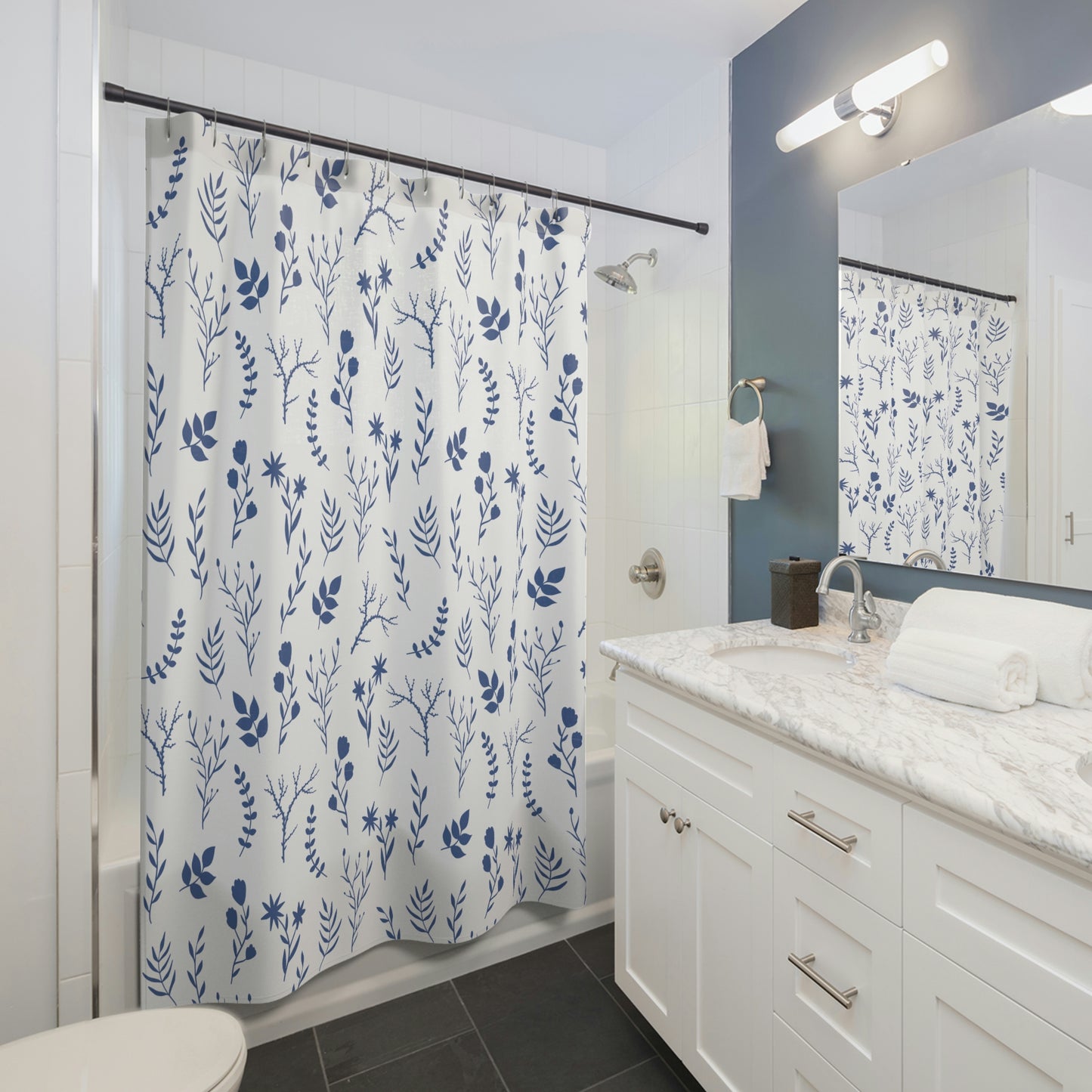Indigo Blue and White Modern Floral Bathroom Shower Curtain | Blue Floral Bathroom Shower Curtain