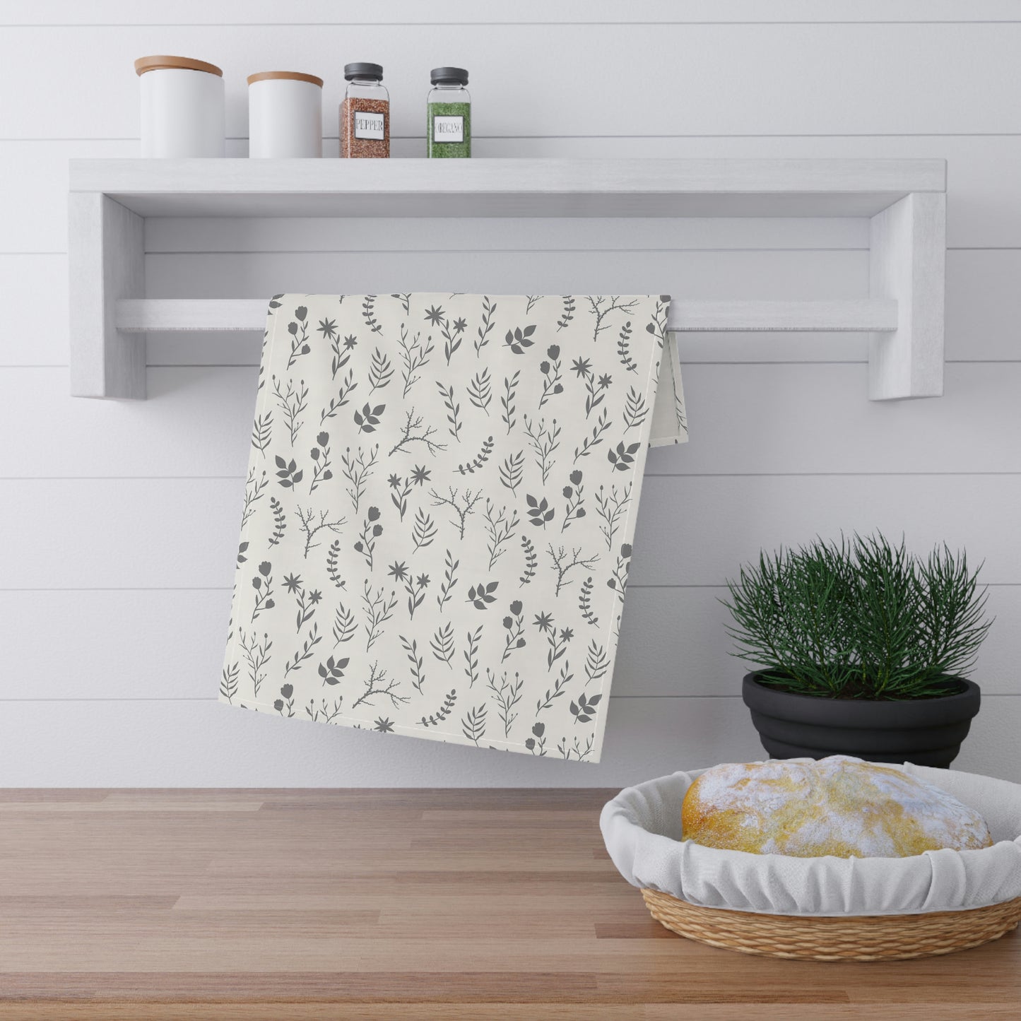 Dark Grey Modern Farmhouse Floral Dish Towel | Grey Floral Tea Towel