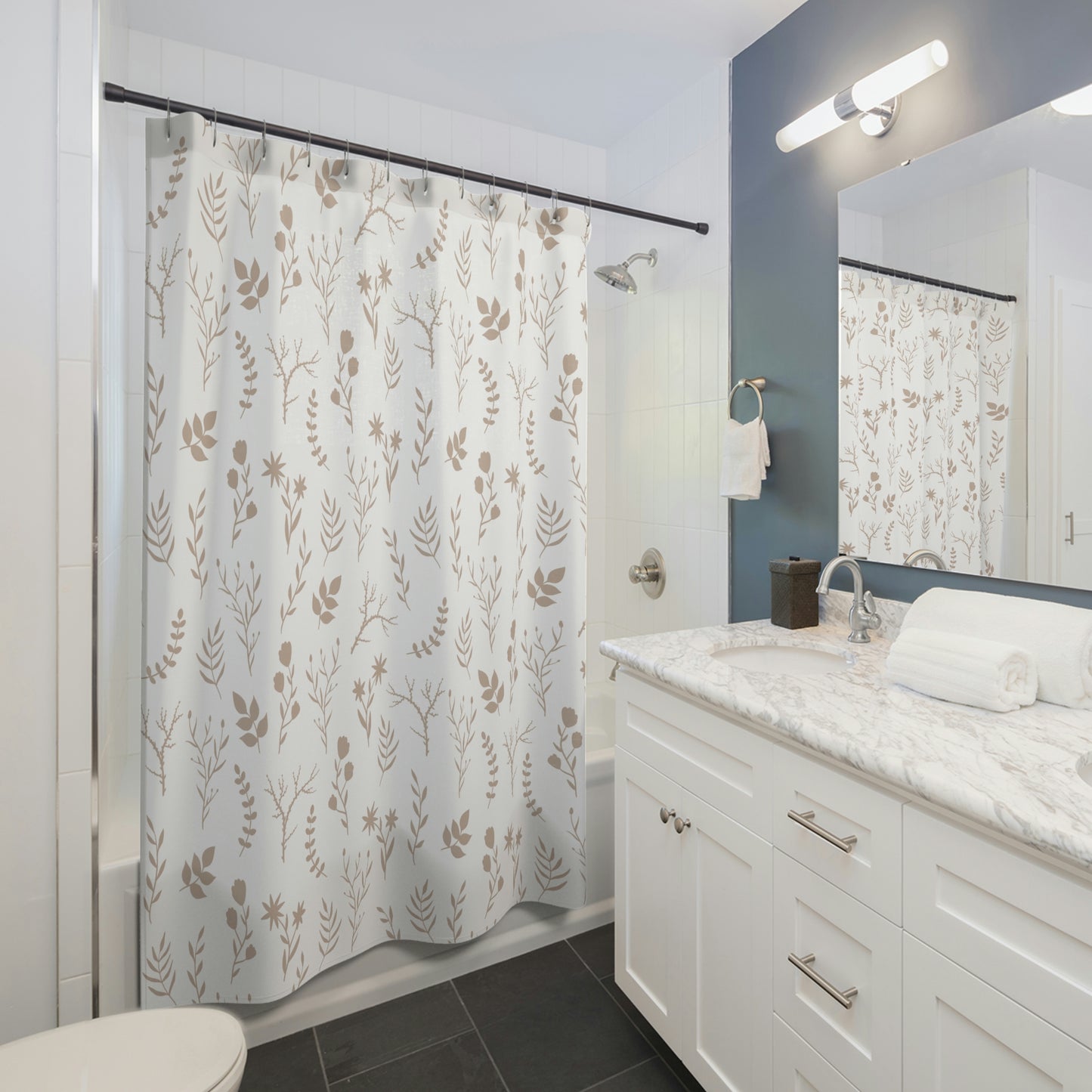 Cream and White Pretty Floral Print Shower Curtain | Modern Floral Bathroom Shower Curtain