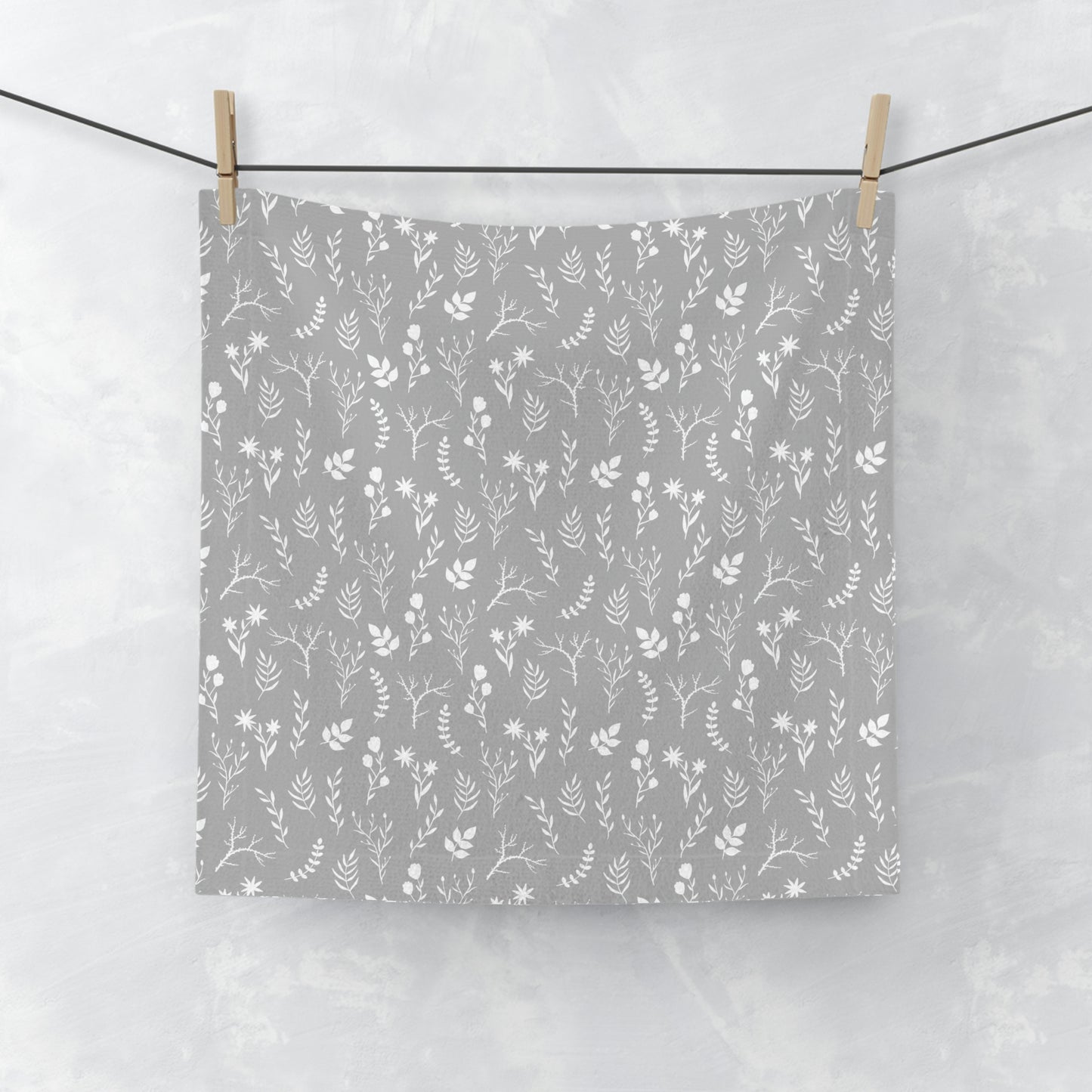 Light Grey and White Floral Print Face Towel