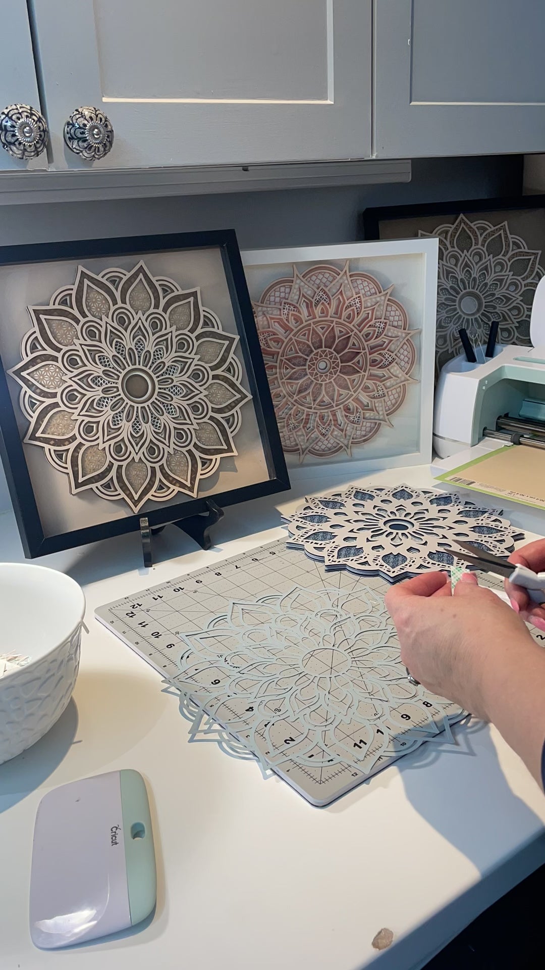 Time lapse video of me assembling a 3d Layered Mandala.  Instant download Mandala SVG designs by Home Stitchery Decor. 