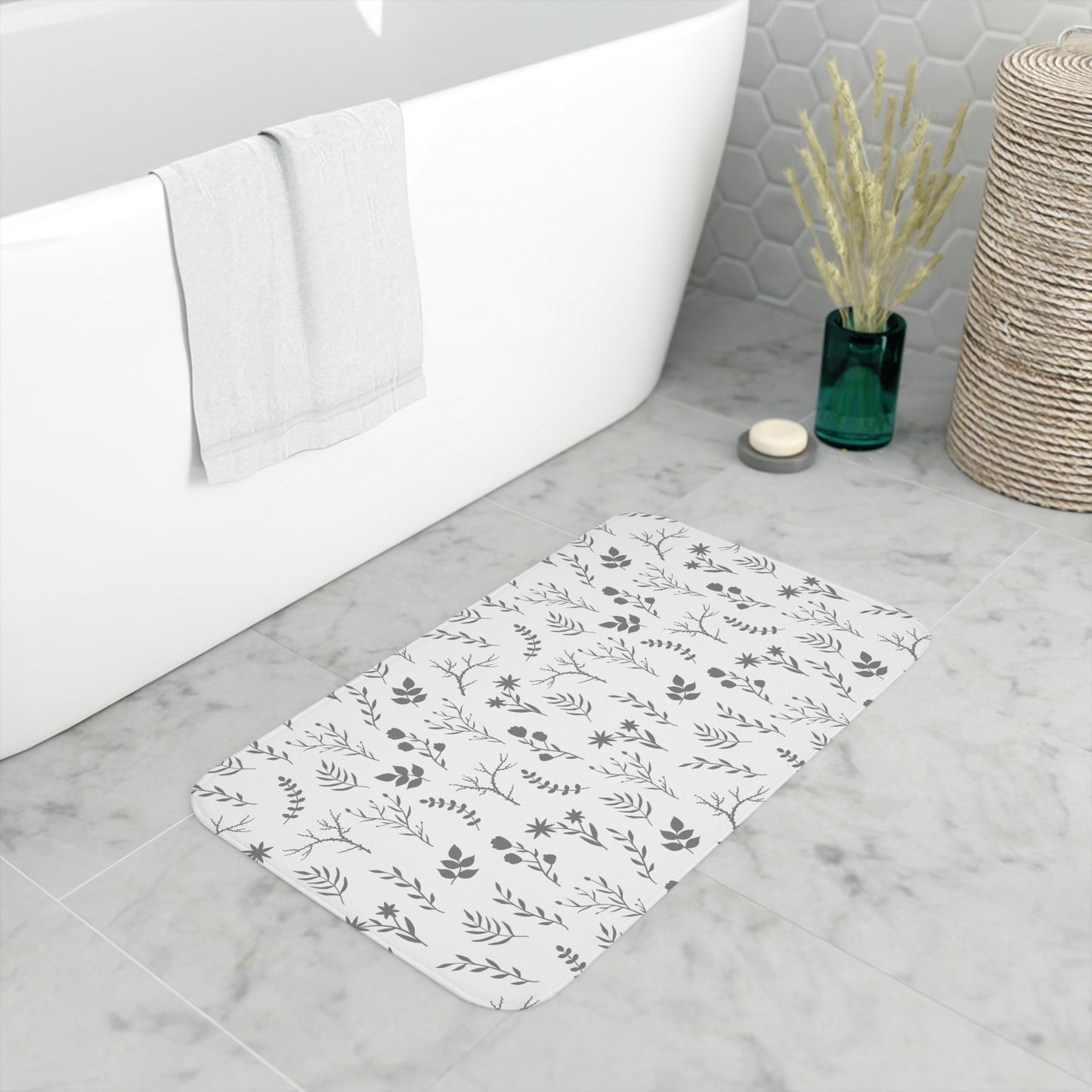 Grey and White Floral Print Bathmat | Luxury Grey Floral Anti-slip Bathmat