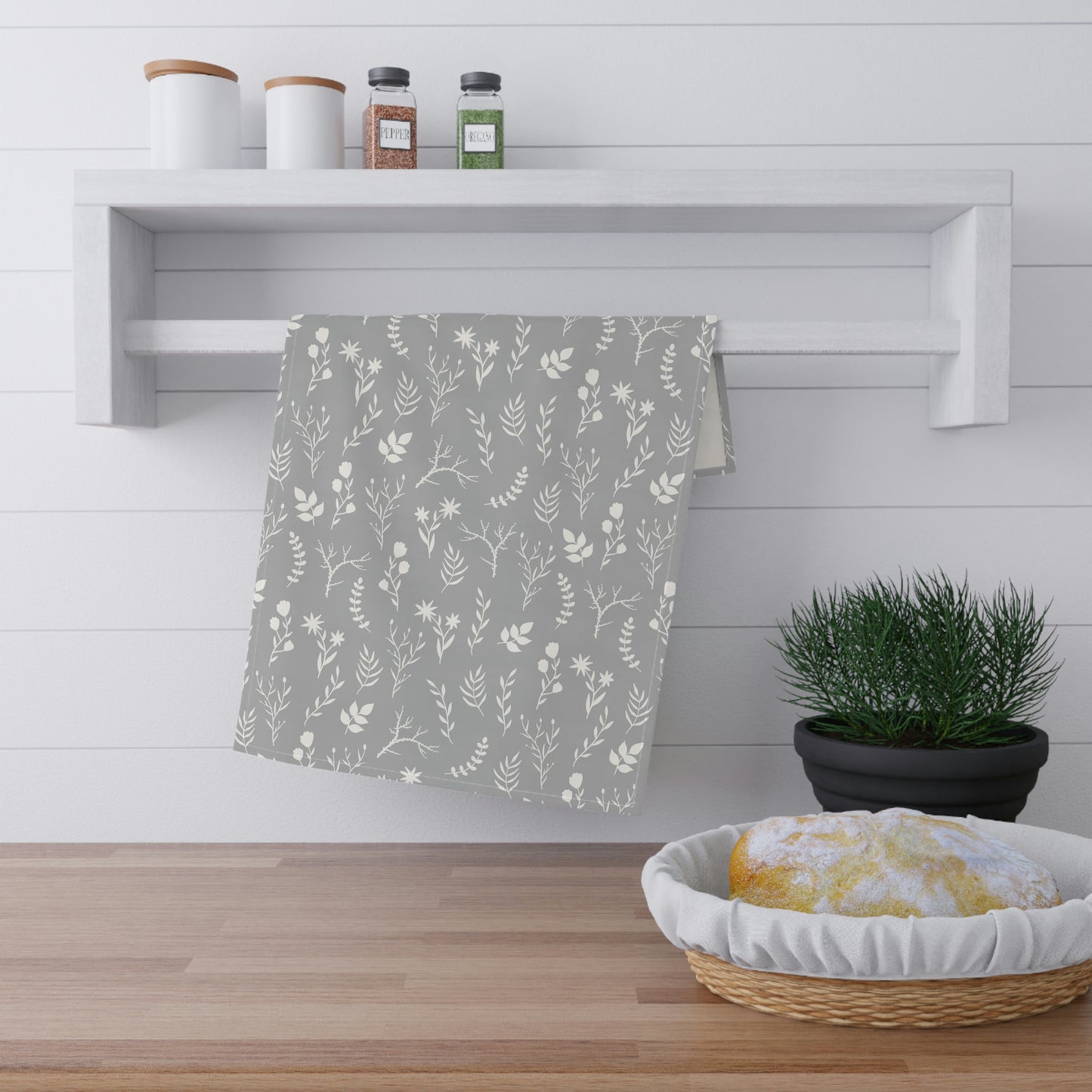 Grey and White Modern Farmhouse Floral Dish Towel | White and Grey Floral Tea Towel