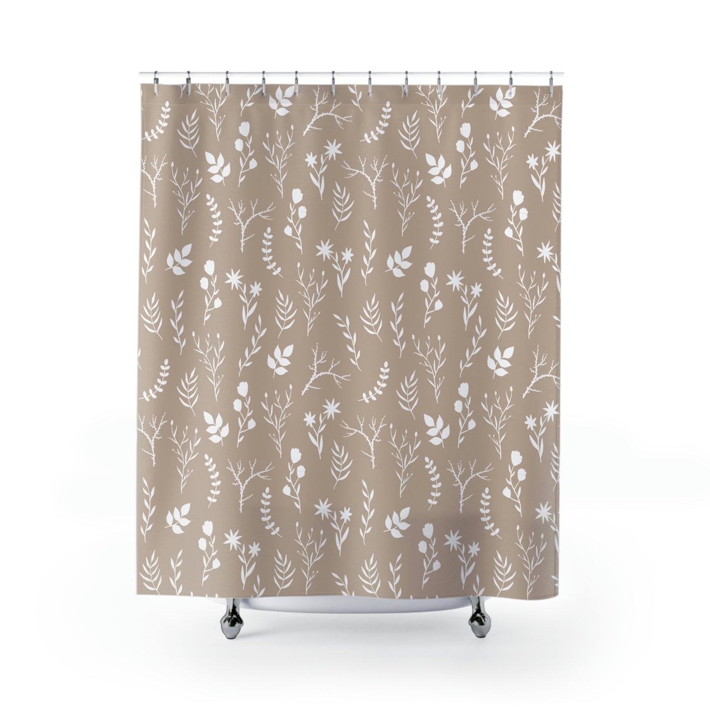 White and Taupe Floral Print Shower Curtain | Modern Floral Shower Curtain
