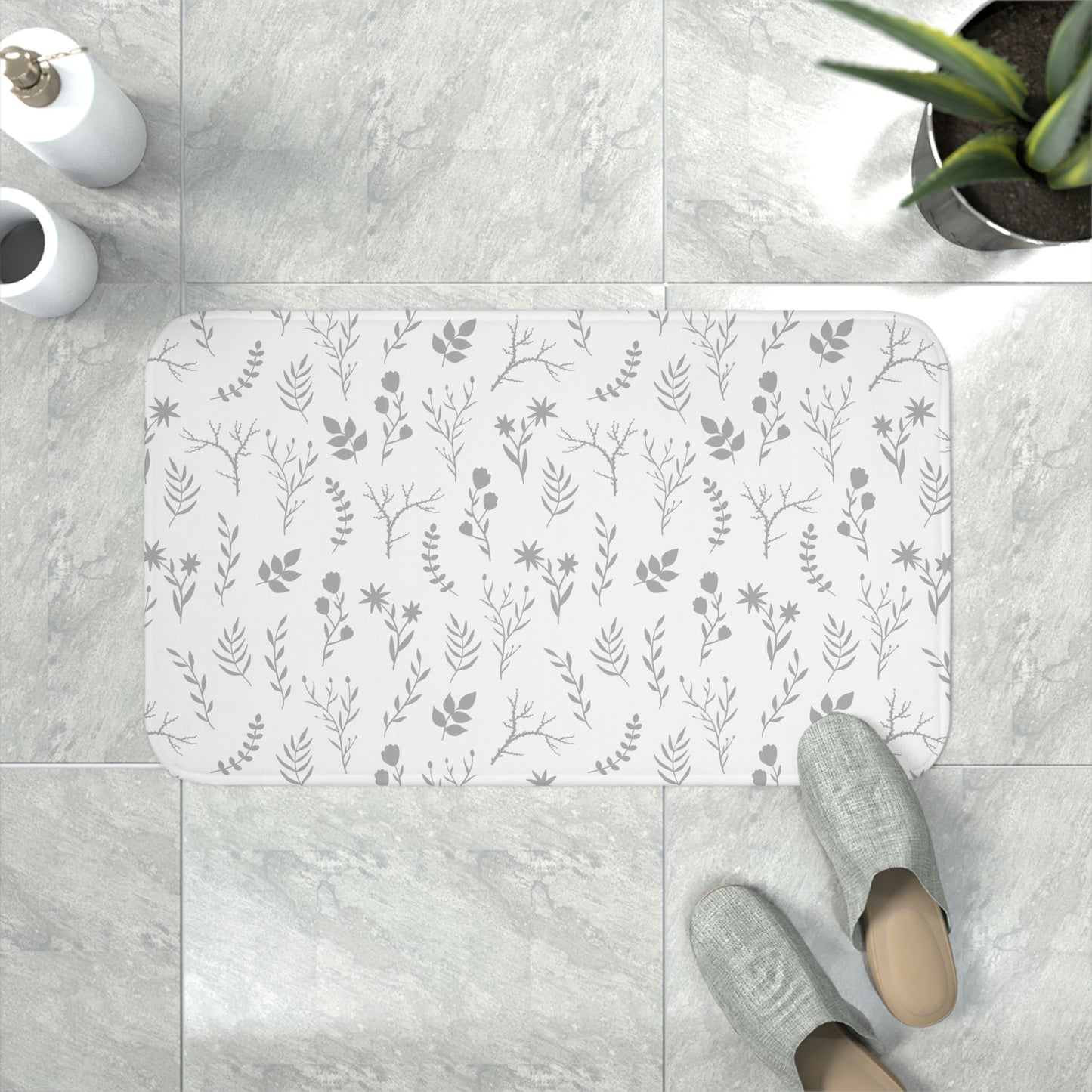 Grey Floral Luxury Bathmat | White and Grey Floral Bathmat